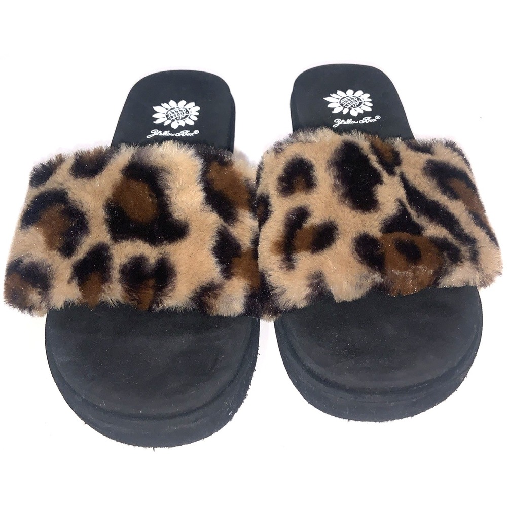 Yellow Box Leopard Faux Fur Fuzzy Platform Slide Sandals Womens 6.5
